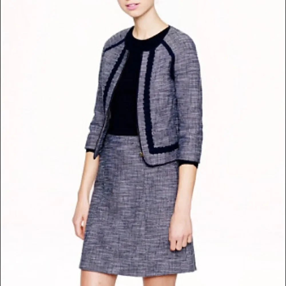 J. CREW Navy Blue Tweed Cropped Collarless Zip Front Blazer Jacket 0